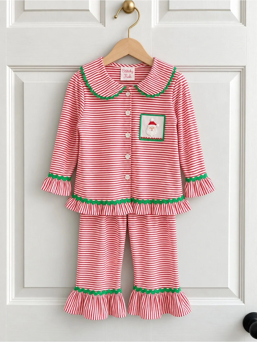 Stitchy Fish Girls Size 7 Santa Christmas Striped Ruffle Pajama Set